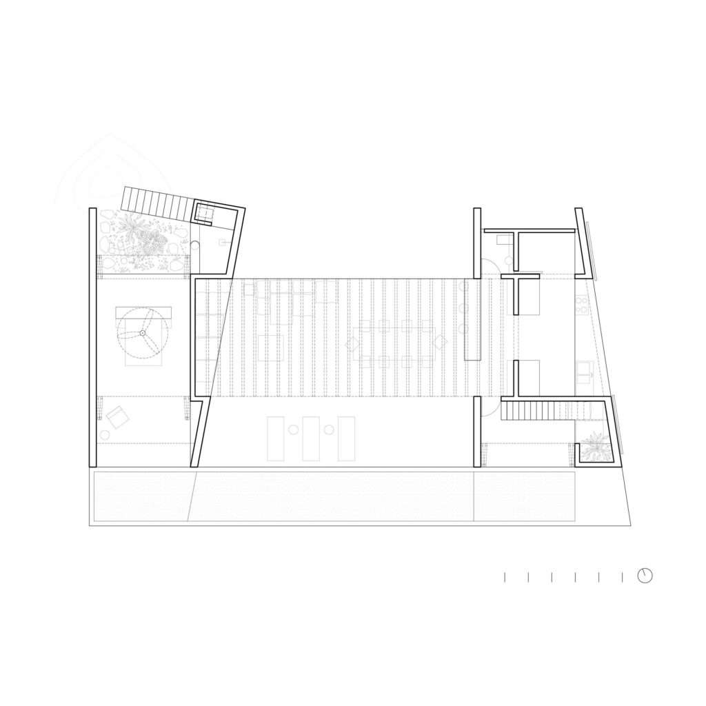 Architectural line drawing showing the floor plan layout of Casa Macahuite including two structural blocks and central deck.