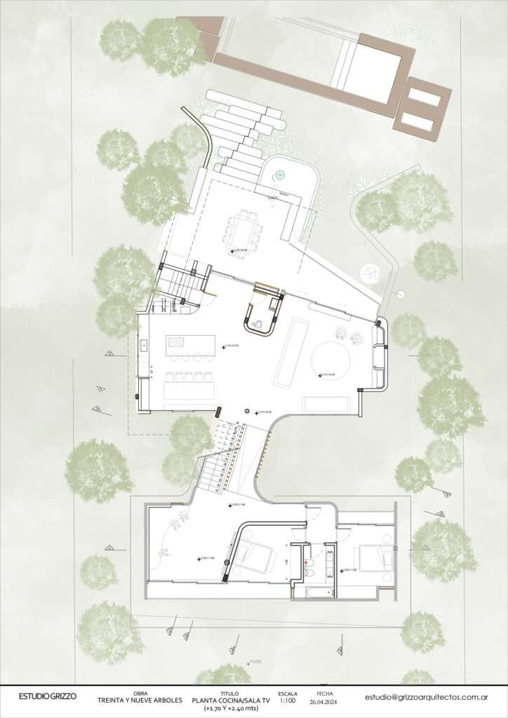 Architectural black and white floor plan of "Treinta y Nueve Árboles" (Maison A) showing the kitchen, living room, and surrounding tree locations.