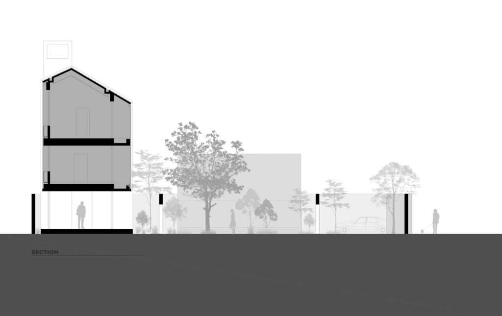 Architectural cross-section drawing of NB01 House showing the vertical heights, courtyards, and relationships with the street.