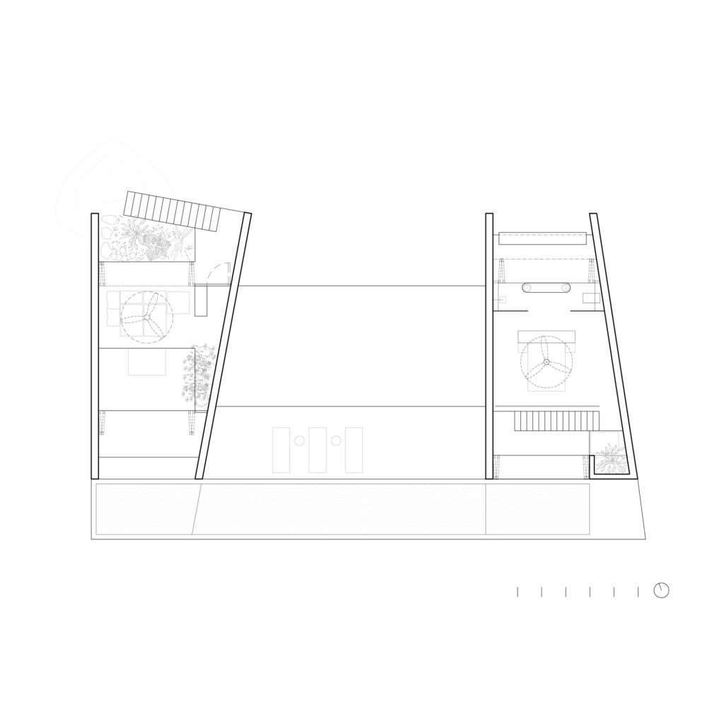 Architectural line drawing displaying the upper-level floor plan of Casa Macahuite showing private bedrooms and open spaces.