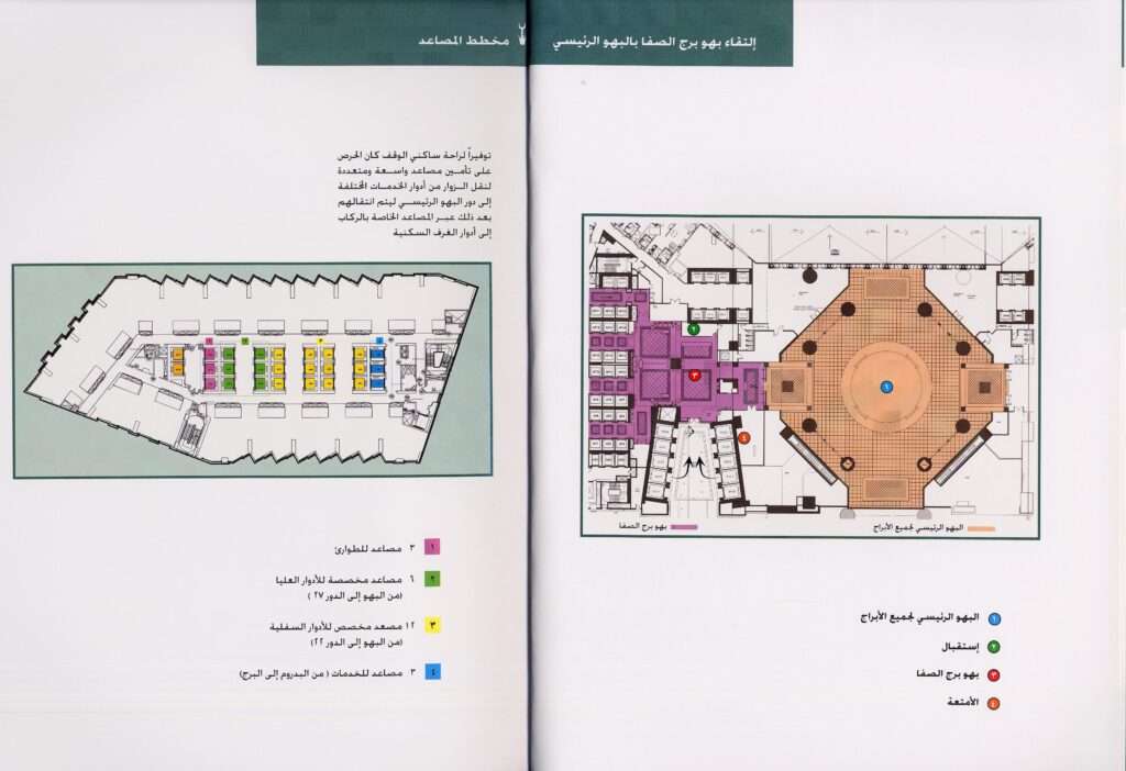 Floor plans showing lift banks by function and the layout of the main lobby and Safa Tower lobby