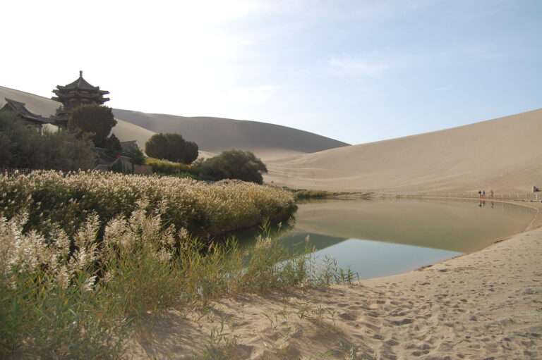 Crescent Lake shoreline bordered by tall reeds, sand dunes, and a traditional Chinese building.