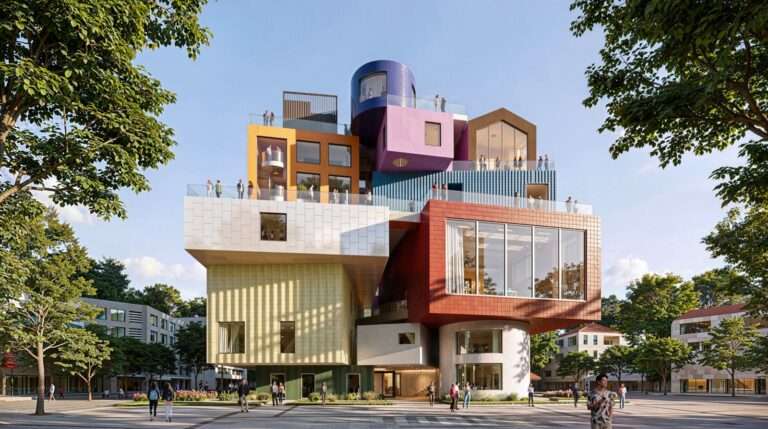 Rendered daylight view of a multi-colored stacked building massing surrounded by plaza and pedestrians.
