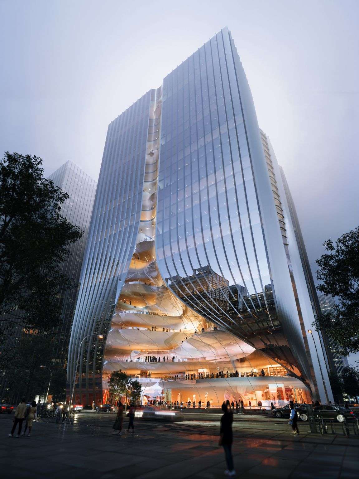 Exterior view of a tall glazed skyscraper featuring a central organic carved atrium void.