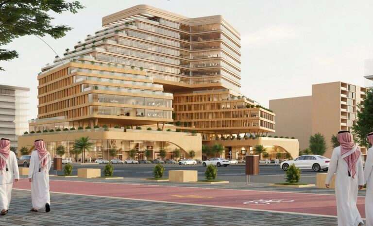 Street level perspective of a stepped terraced building with wooden facade modules and pedestrian path