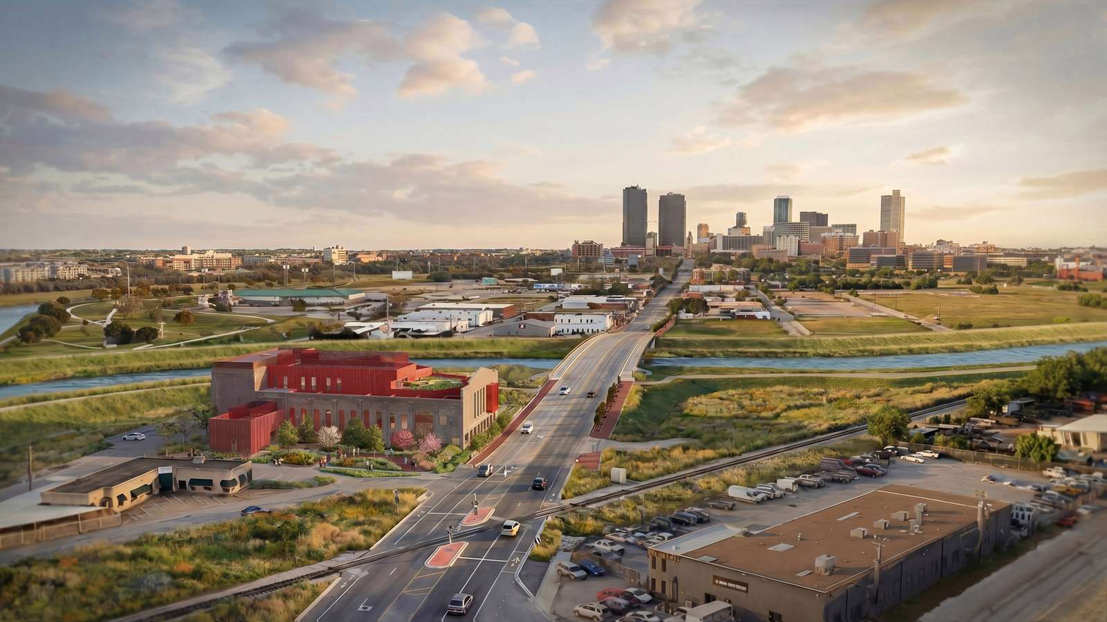 Aerial perspective showing the Transform 1012 Center building massing adjacent to a road bridge and river.