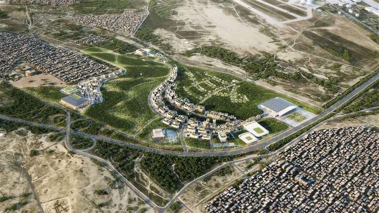 High aerial view of Baku Expo City masterplan featuring building clusters integrated into a green forest area