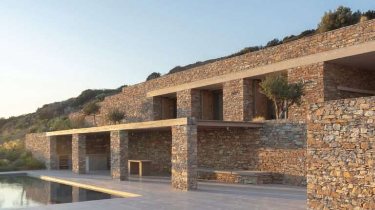 Stepped drystone terraces with exposed concrete overhangs overlooking a swimming pool area.