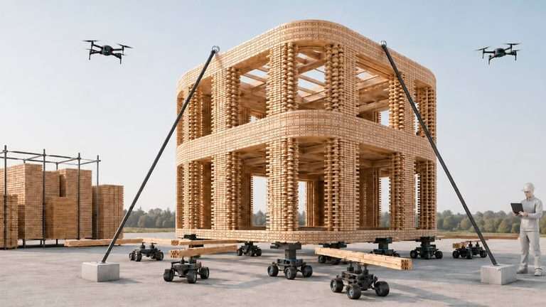 Swarm robots and monitoring drones assemble a modular timber pavilion structure outdoors.
