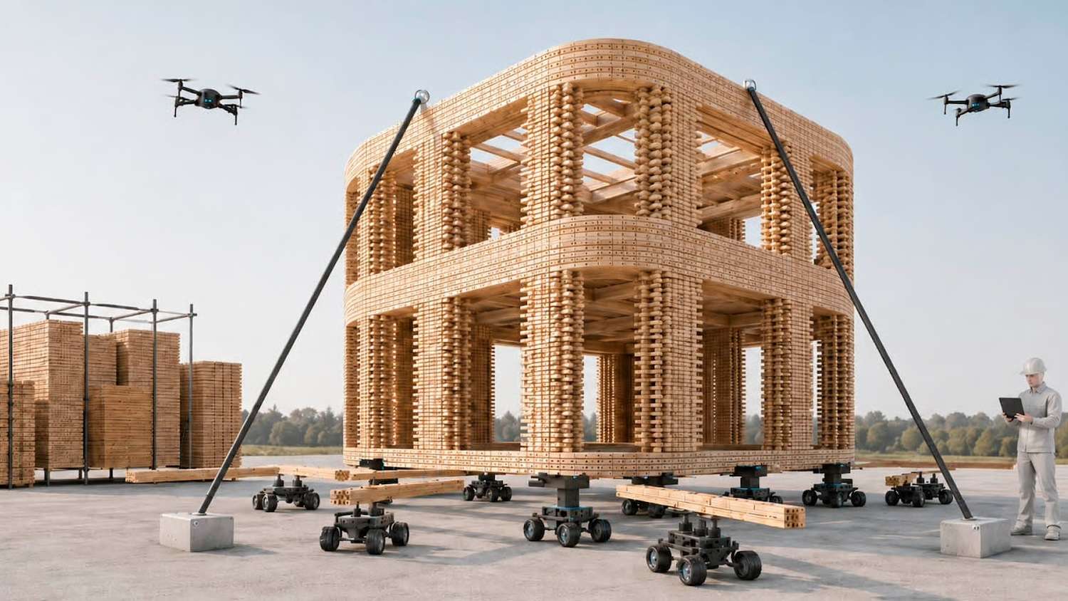 Swarm robots and monitoring drones assemble a modular timber pavilion structure outdoors.