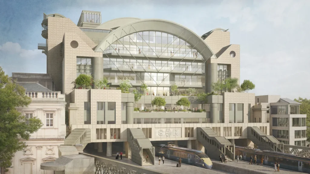 Front elevation of 1 Embankment Place showing the arched roof above train tracks and platforms.