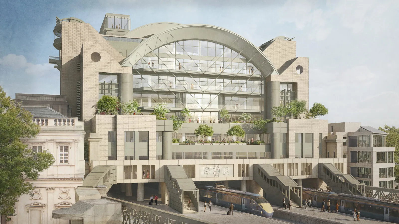 Front elevation of 1 Embankment Place showing the arched roof above train tracks and platforms.