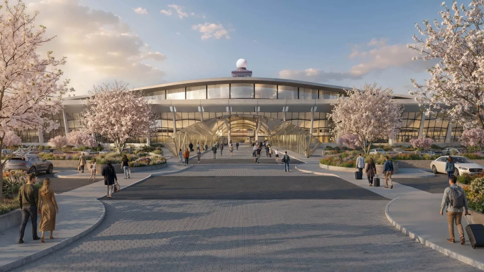 Front elevation rendering of airport terminal entry plaza with cherry trees and canopy walkway