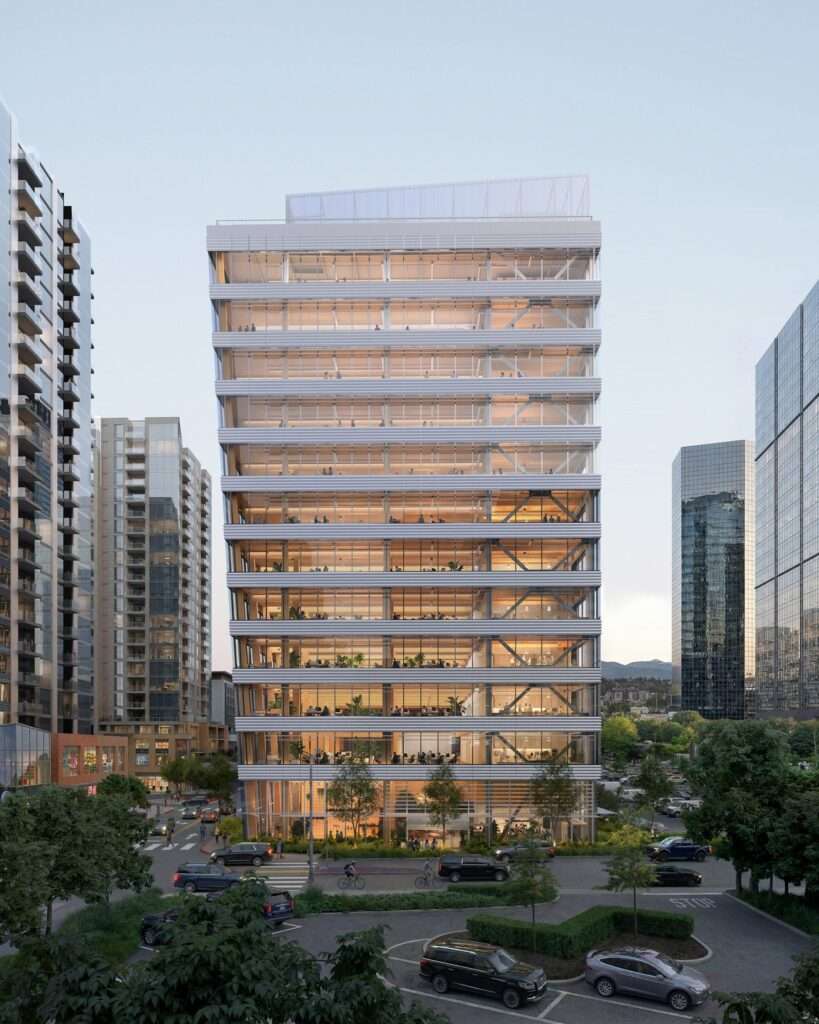 Full exterior view of a twelve-story timber and steel hybrid tower in an urban context.