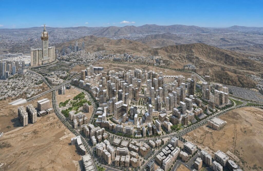 Daytime aerial view of high-rise urban master plan surrounded by mountainous terrain in Makkah.