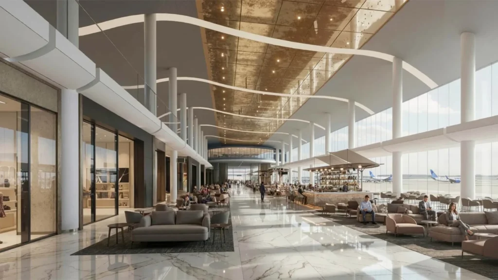 Interior rendering of wide airport concourse with marble floors, columns, retail, and seating