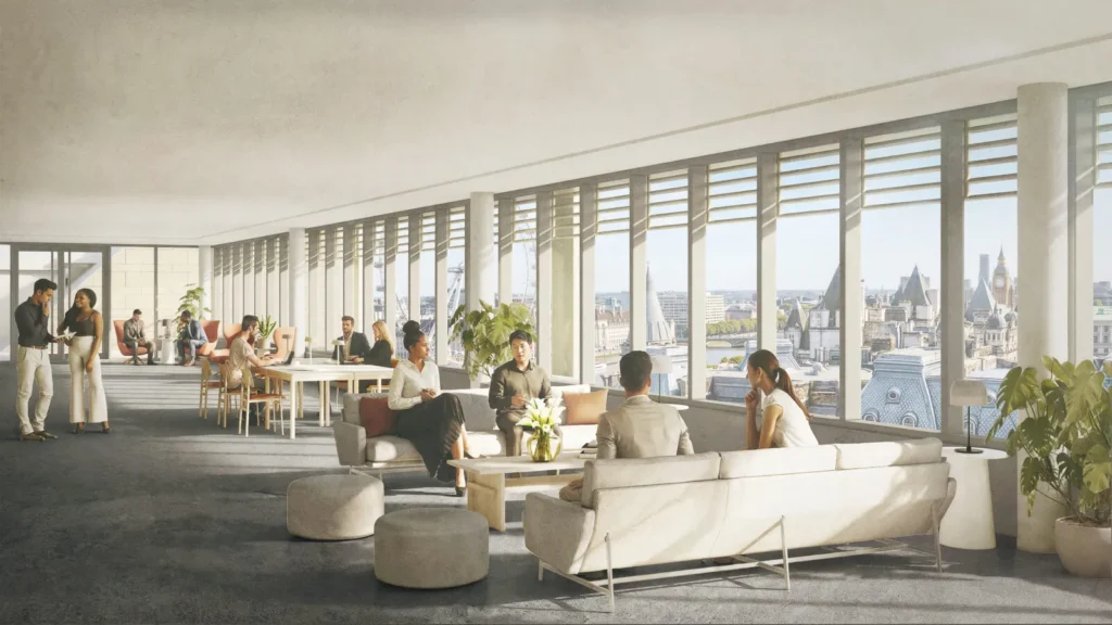 Bright indoor workspace lounge with wide horizontal fenestration overlooking panoramic city views.