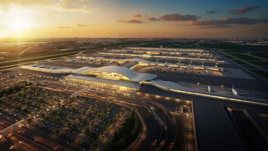 High aerial view of modern airport layout including concourses, parking, and aprons at dusk