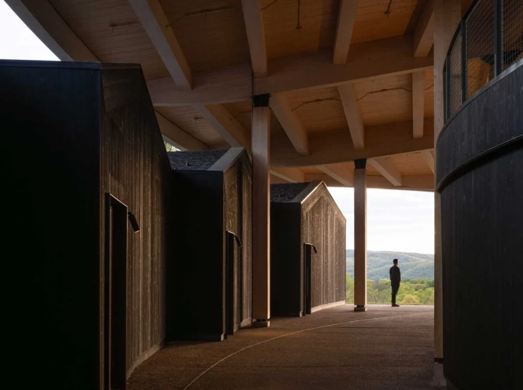 Sheltered walkway under mass timber roof structure bordered by dark wooden wall modules.