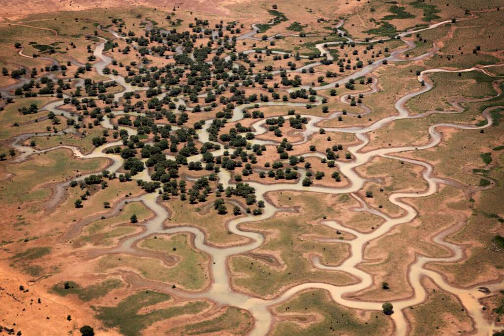 Aerial view of winding water channels and tree clusters across dry terrain in Mali.