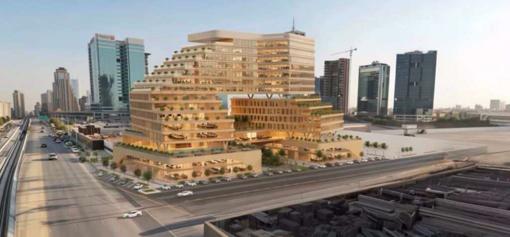 Elevated perspective showing the complete building form, central void, and urban context
