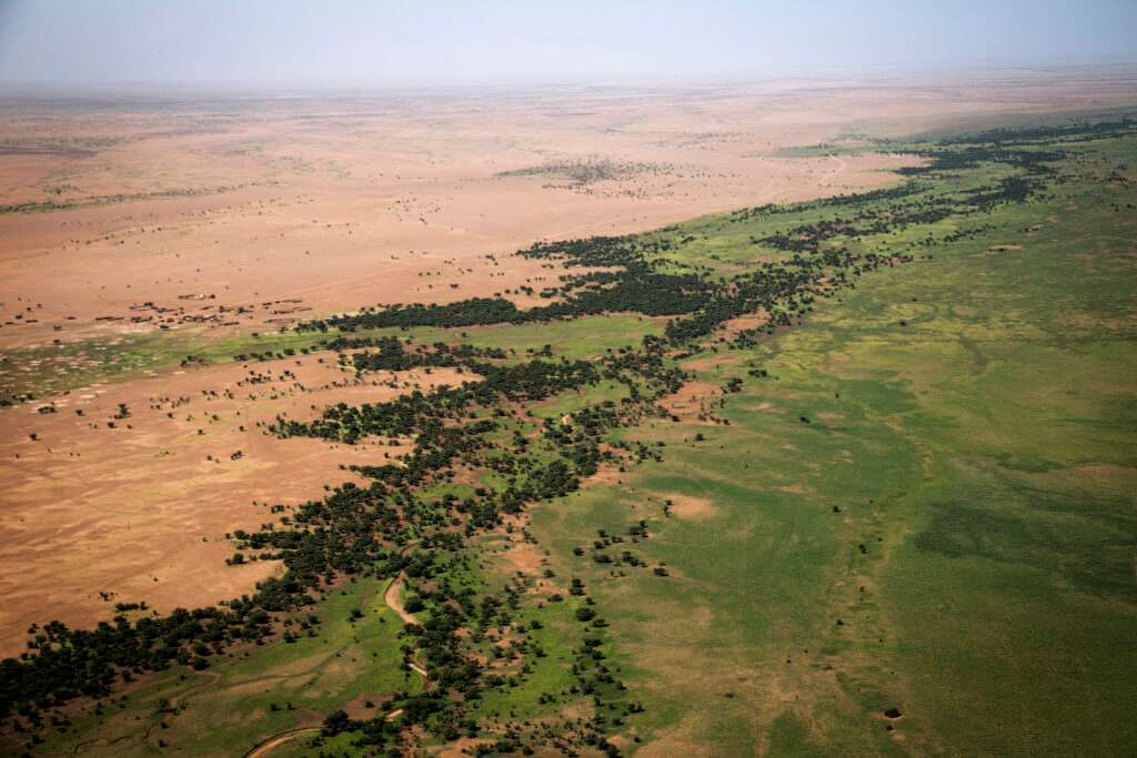 منظور جوي يظهر الحد الفاصل بين الصحراء القاحلة والأراضي الخضراء المغطاة بالنباتات.