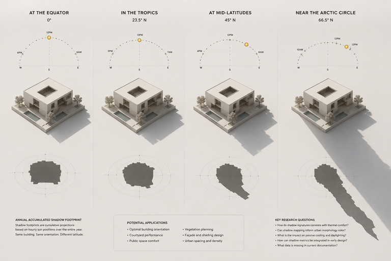 Diagram showing how a building's annual accumulated shadow footprint expands as latitude increases from 0° to 66.5° N