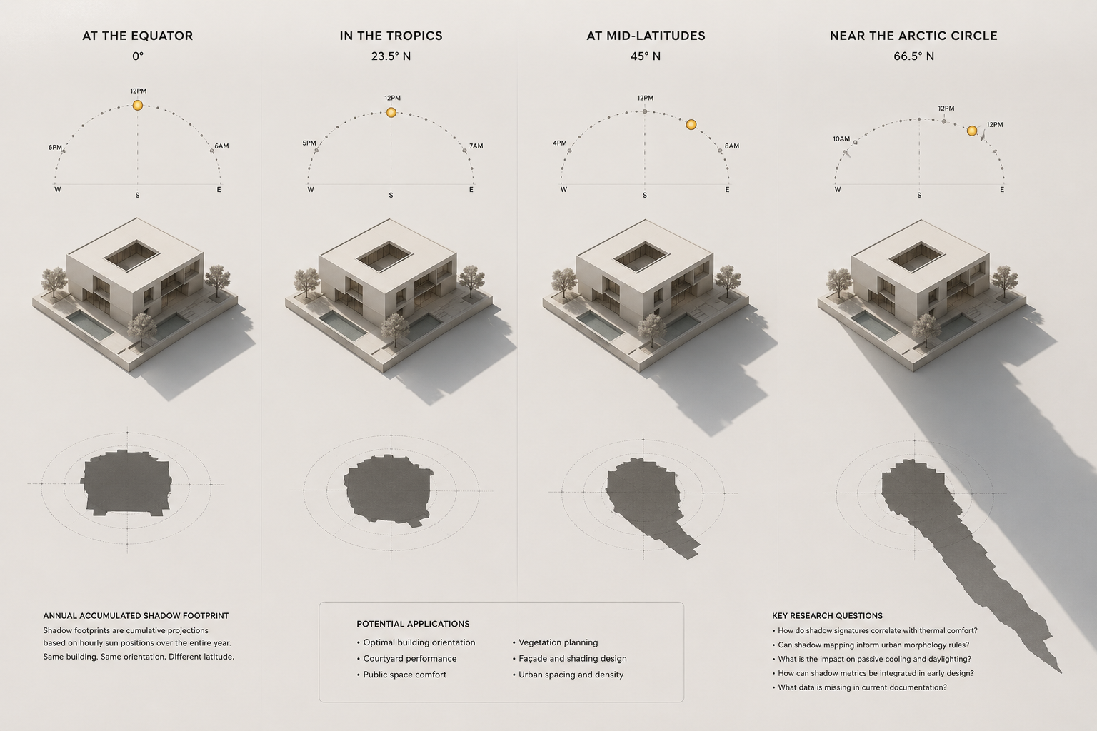 Diagram showing how a building's annual accumulated shadow footprint expands as latitude increases from 0° to 66.5° N