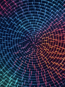 An abstract, mesmerizing spiral pattern made of coiled dark textured cables secured by small structural ties, illuminated by a vibrant neon gradient of cyan, magenta, and orange lighting.