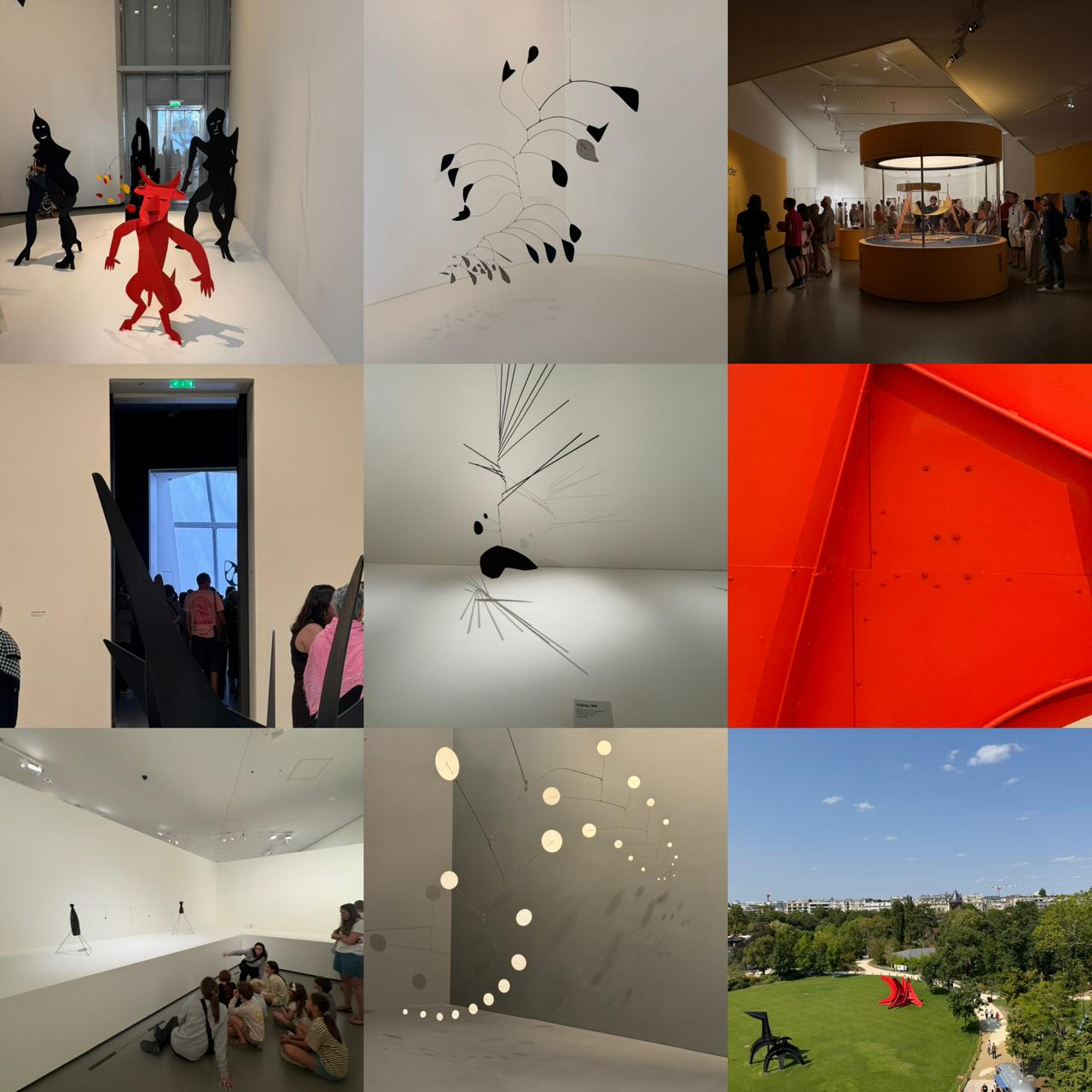 A 3x3 photo collage of an Alexander Calder art exhibition, featuring indoor gallery views of black and white kinetic mobiles, bold red and black metal stabiles, museum visitors, and large-scale outdoor sculptures in a green park.