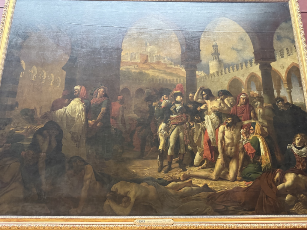 Antoine-Jean Gros's monumental 1804 canvas Bonaparte Visiting the Plague Victims of Jaffa, with Napoleon in military uniform touching a plague victim in an Islamic courtyard filled with dead and dying soldiers.