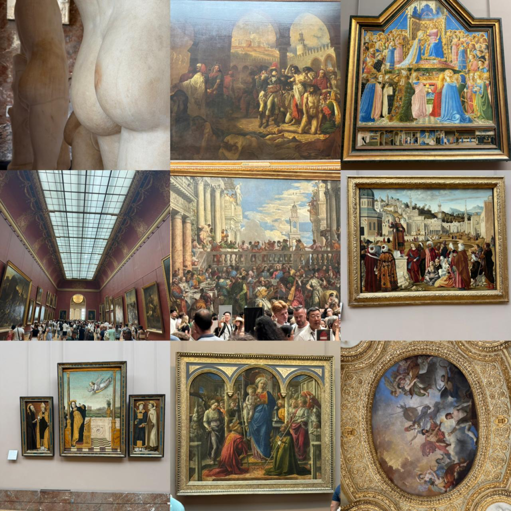 A 3x3 photo collage featuring various masterpieces, classical marble sculptures, and grand architectural gallery views from the Louvre Museum, including iconic paintings by Veronese, Fra Angelico, and Gros.