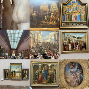 A 3x3 photo collage featuring various masterpieces, classical marble sculptures, and grand architectural gallery views from the Louvre Museum, including iconic paintings by Veronese, Fra Angelico, and Gros.