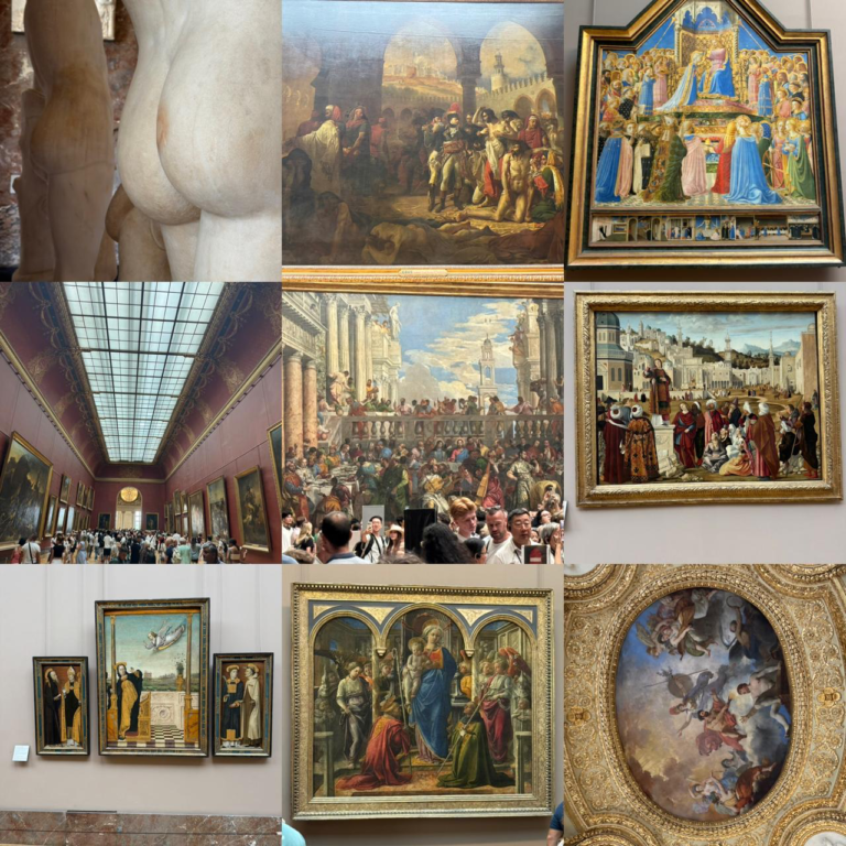 A 3x3 photo collage featuring various masterpieces, classical marble sculptures, and grand architectural gallery views from the Louvre Museum, including iconic paintings by Veronese, Fra Angelico, and Gros.