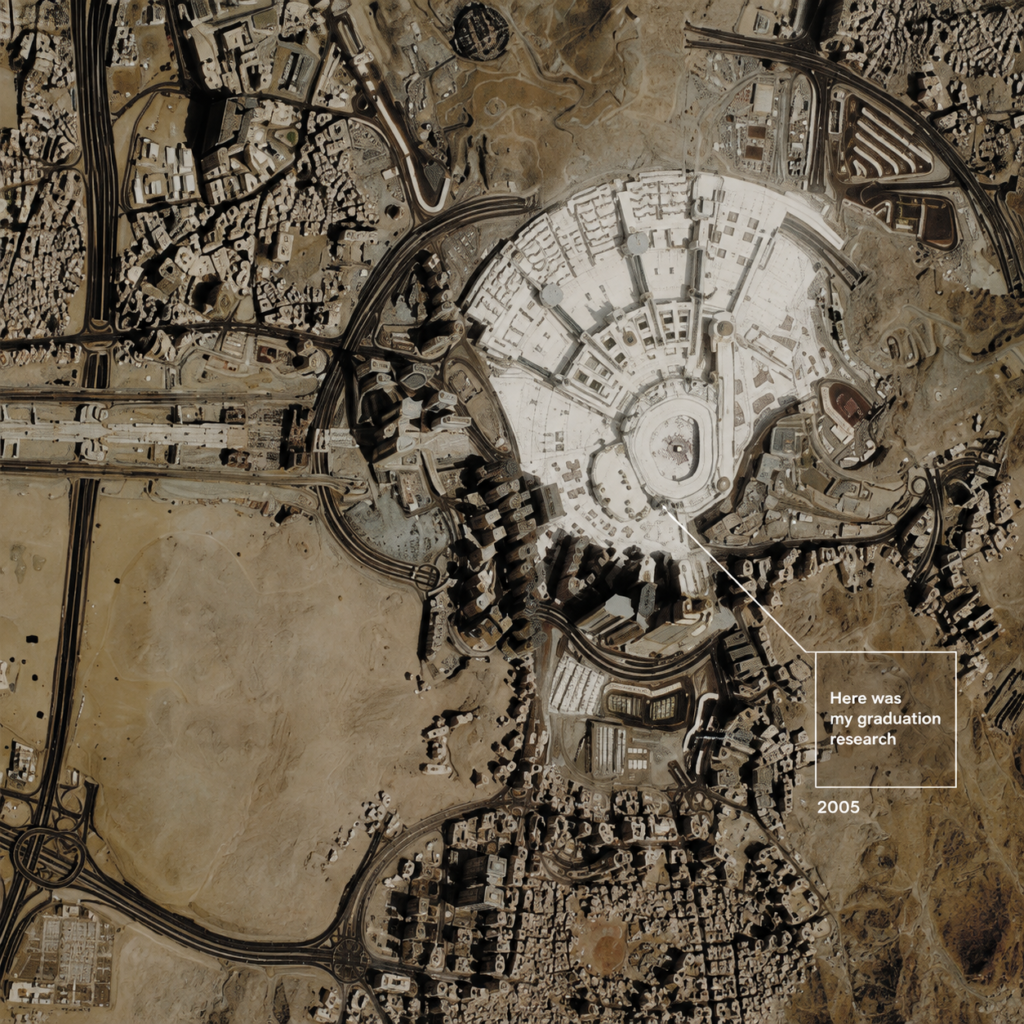 Satellite view of Makkah Grand Mosque highlighting the site of Ibrahim Joharji's 2005 graduation research project within the current expansion area.