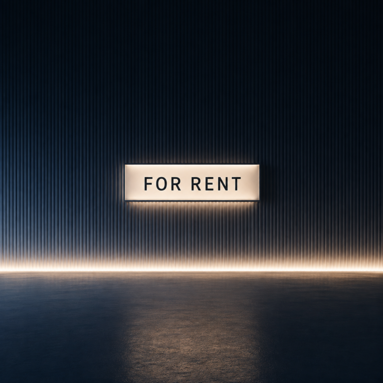 Glowing FOR RENT sign on a dark, textured wall in a modern room