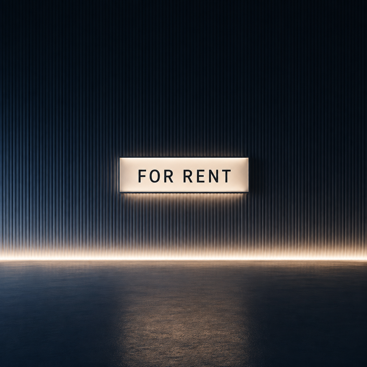 Glowing FOR RENT sign on a dark, textured wall in a modern room