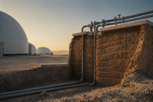 A cross-section of excavated, layered earth revealing a network of metal pipes and valves, with several large, white dome structures visible in the background across a barren desert landscape under a clear sky.