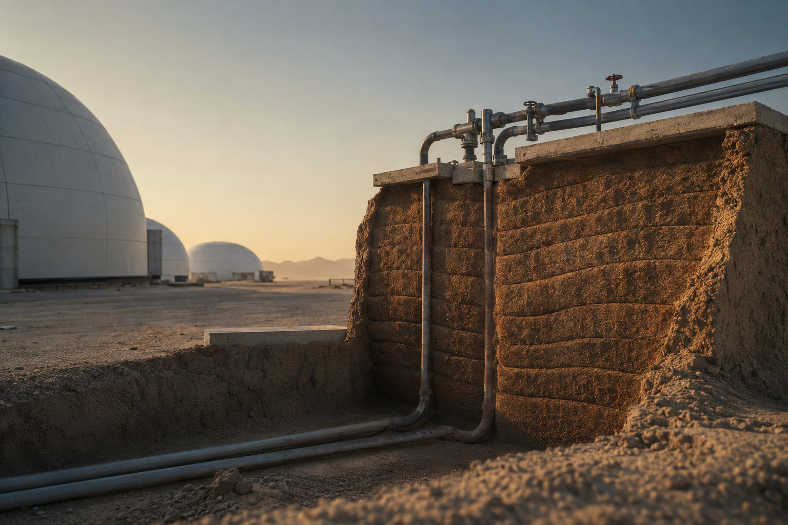 A cross-section of excavated, layered earth revealing a network of metal pipes and valves, with several large, white dome structures visible in the background across a barren desert landscape under a clear sky.