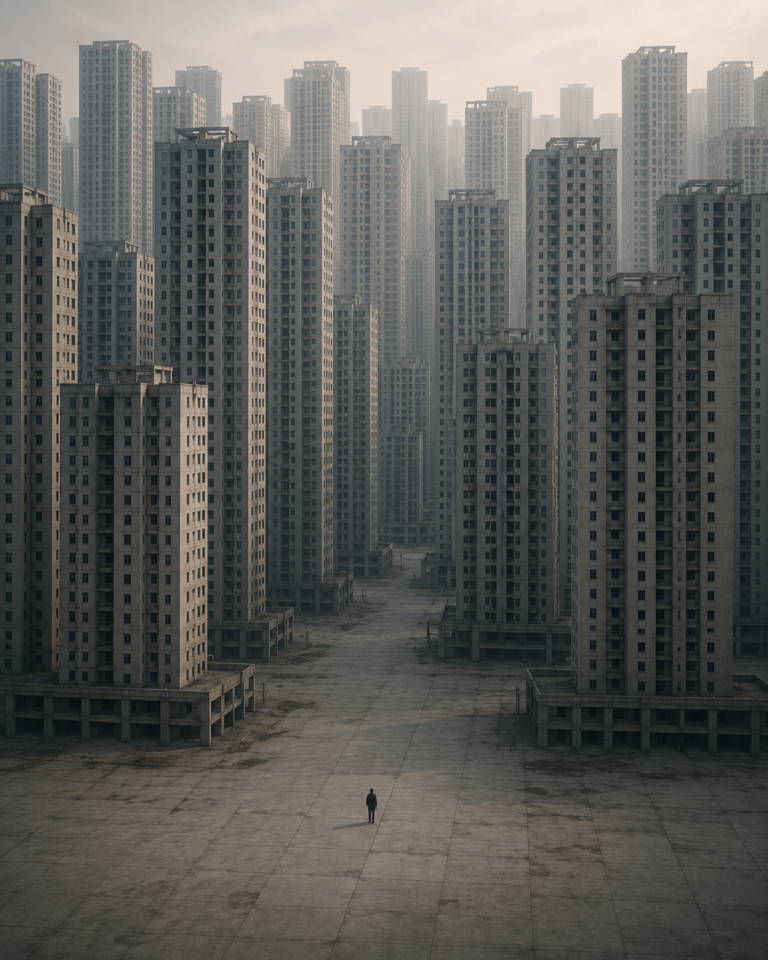 A vast, endless expanse of identical, tall grey concrete apartment buildings stretching into a hazy background, with a single, tiny human figure standing in the center of a massive, empty concrete plaza in the foreground.