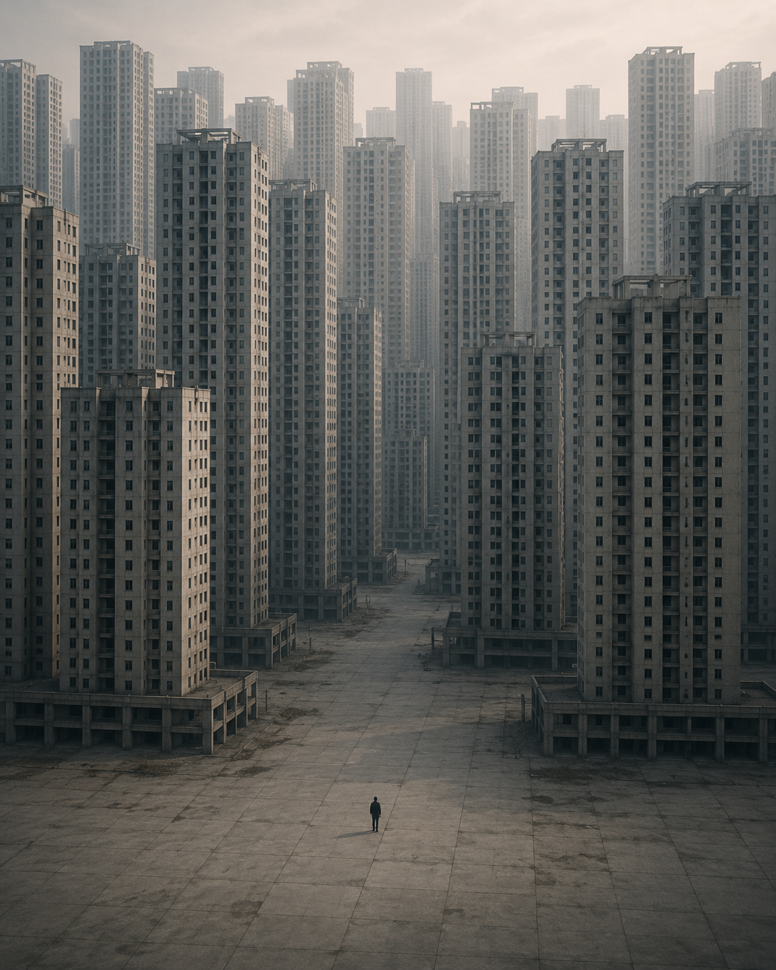 A vast, endless expanse of identical, tall grey concrete apartment buildings stretching into a hazy background, with a single, tiny human figure standing in the center of a massive, empty concrete plaza in the foreground.