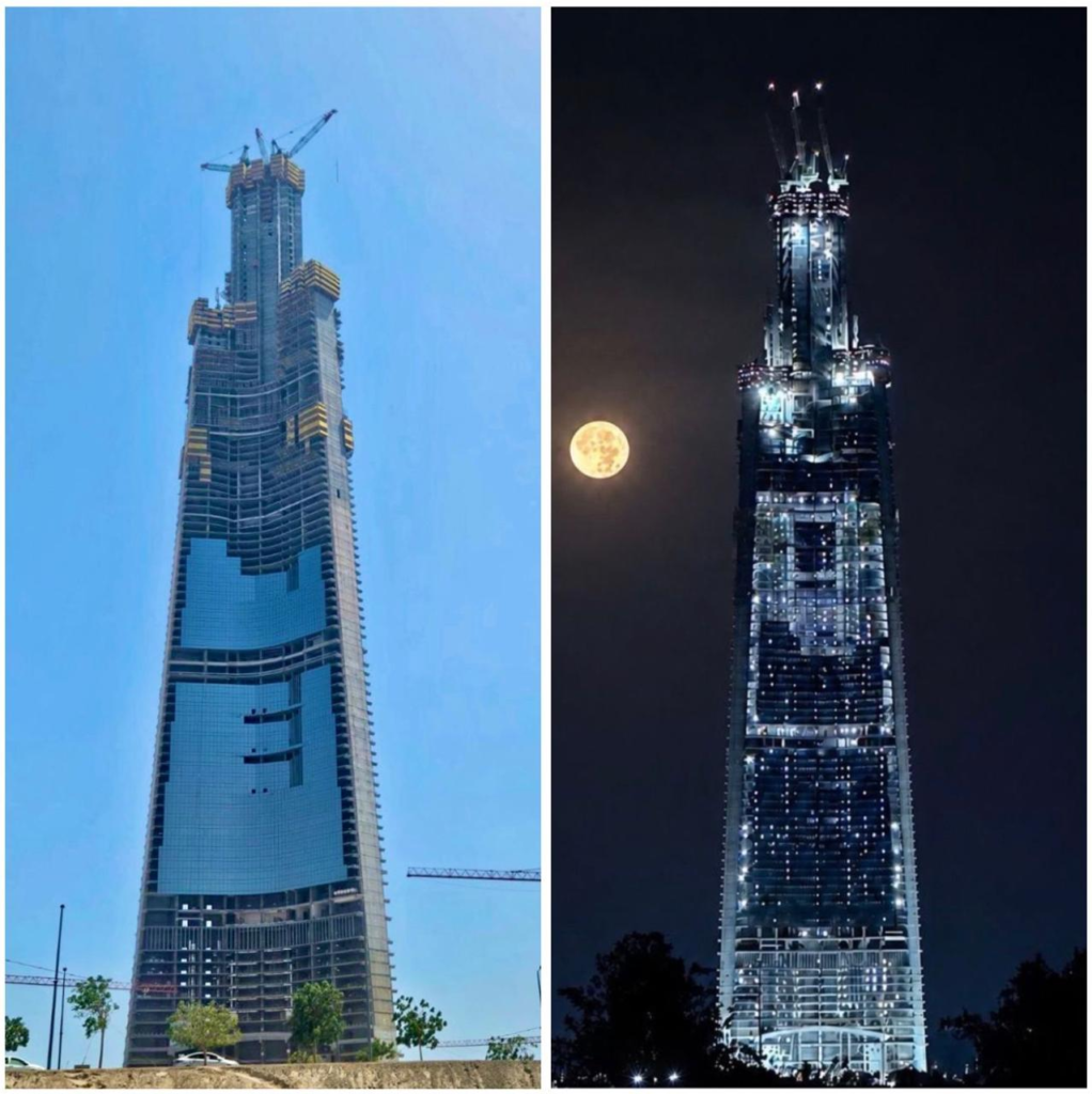 A split image showing the construction progress of Jeddah Tower in Saudi Arabia; the left side shows daylight and glass facade installation, while the right side shows the tower lit up at night next to a full moon.
