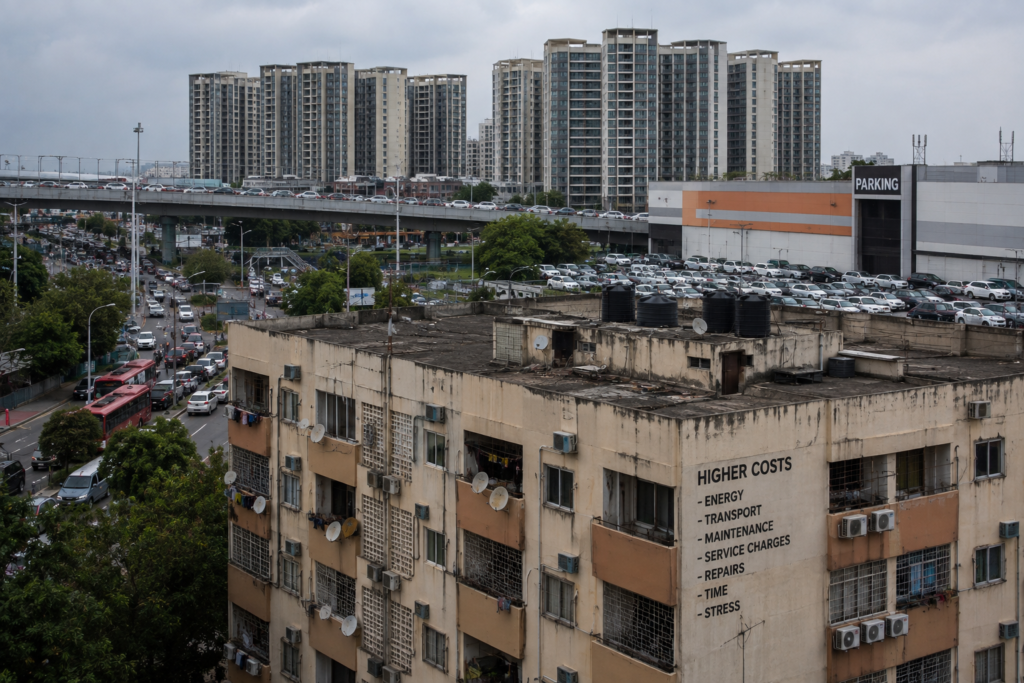 An older, weathered apartment building with the words "HIGHER COSTS" and a list of everyday expenses painted on its side, standing in front of a busy highway, a crowded parking lot, and towering modern high-rises under an overcast sky.