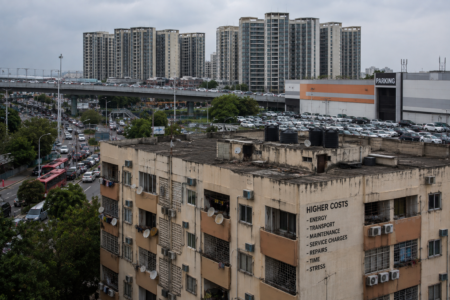 An older, weathered apartment building with the words "HIGHER COSTS" and a list of everyday expenses painted on its side, standing in front of a busy highway, a crowded parking lot, and towering modern high-rises under an overcast sky.