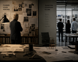 An older man stands in a dimly lit office looking at a wall of chair sketches under the text "FOUNDER VISION HERITAGE," while in the brightly lit background, three younger people look at a similar wall next to text reading "TRANSITION LEADERSHIP FUTURE."