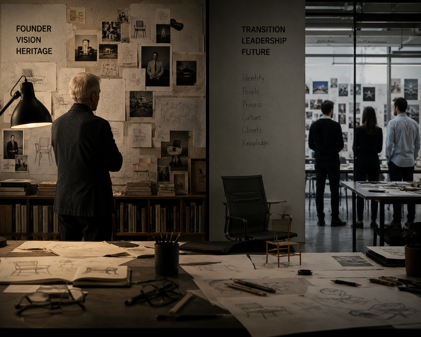 An older man stands in a dimly lit office looking at a wall of chair sketches under the text "FOUNDER VISION HERITAGE," while in the brightly lit background, three younger people look at a similar wall next to text reading "TRANSITION LEADERSHIP FUTURE."