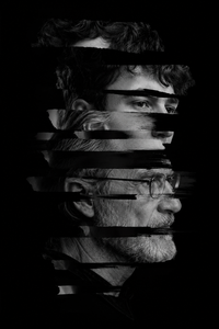 A black and white conceptual portrait blending the side profiles of an older bearded man with glasses and a younger man with curly hair, visually separated and merged by thick horizontal black brushstrokes against a dark background.