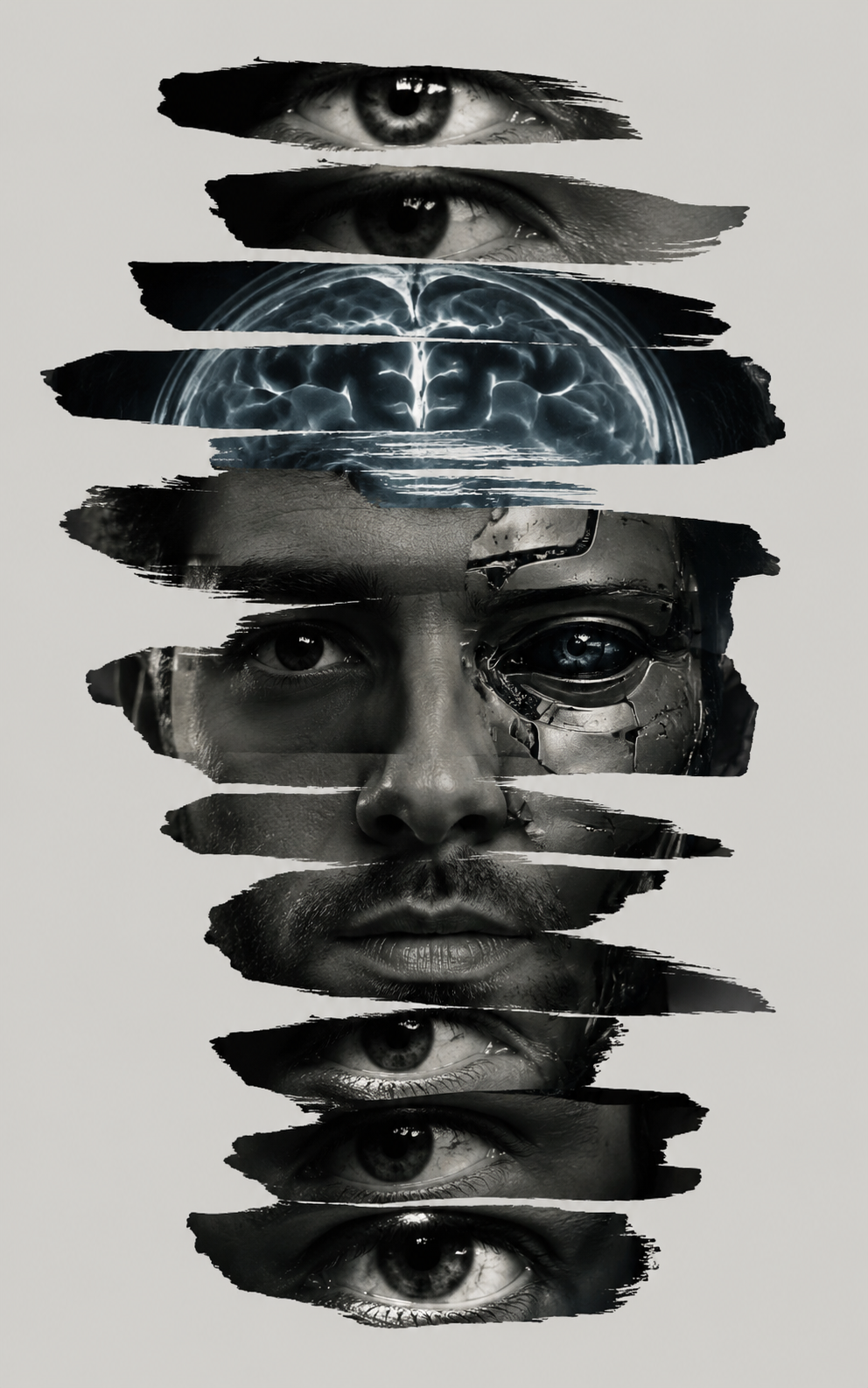 A conceptual black and white digital illustration showing a man's face merging with robotic elements, layered with horizontal brushstrokes revealing a glowing brain and multiple observing eyes.