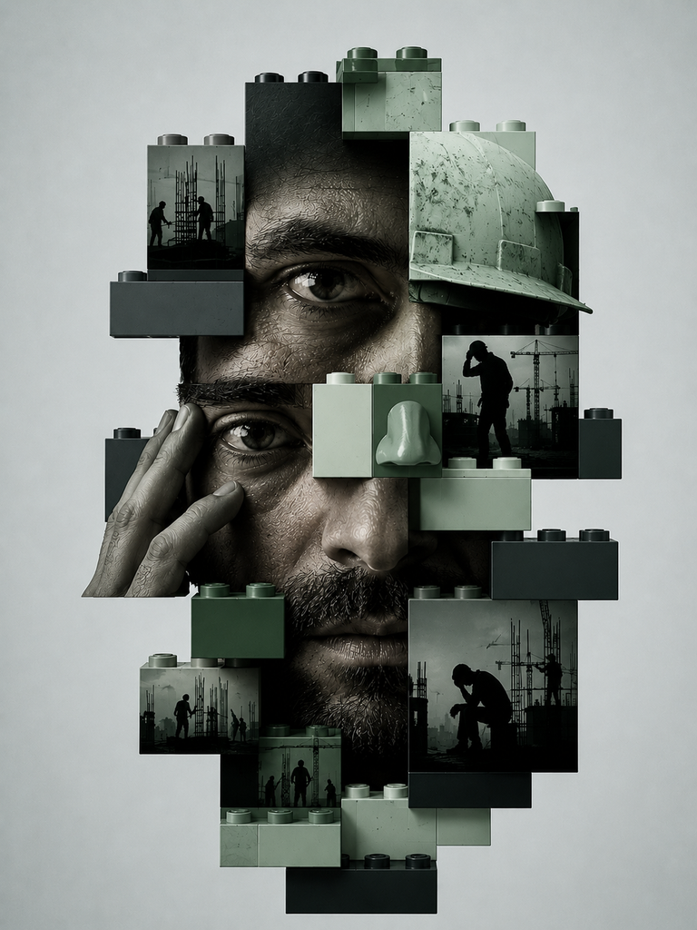 A conceptual digital artwork featuring a man's highly detailed face fragmented into interlocking building blocks, revealing silhouettes of construction workers, industrial scenes, and a hard hat within the individual pieces.
