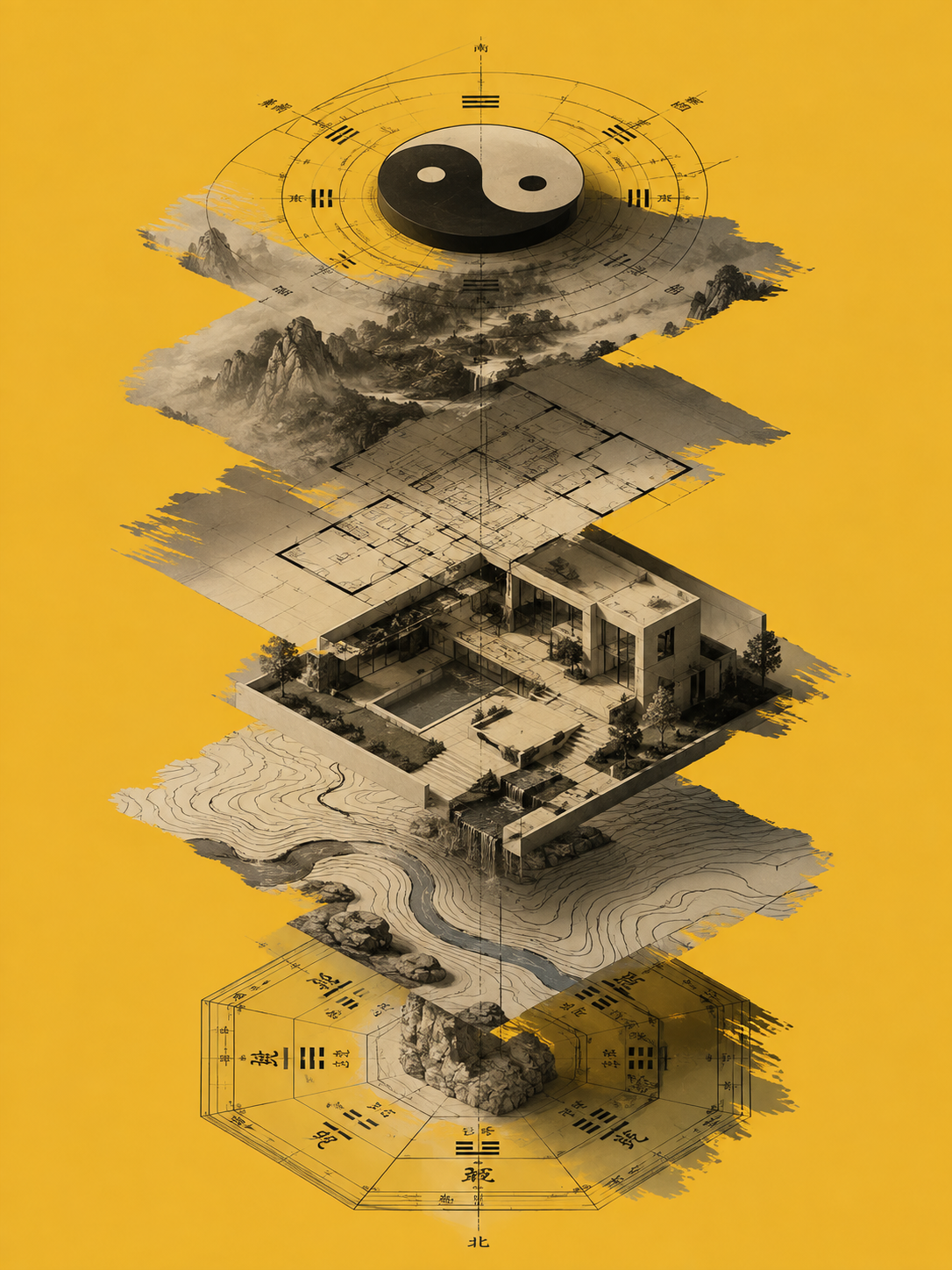 A vertical, multi-layered digital illustration on a yellow background featuring a Yin-Yang symbol, a traditional mountain landscape, an architectural blueprint, an isometric 3D modern house, topographical lines, and Bagua compass designs stacked in descending order.